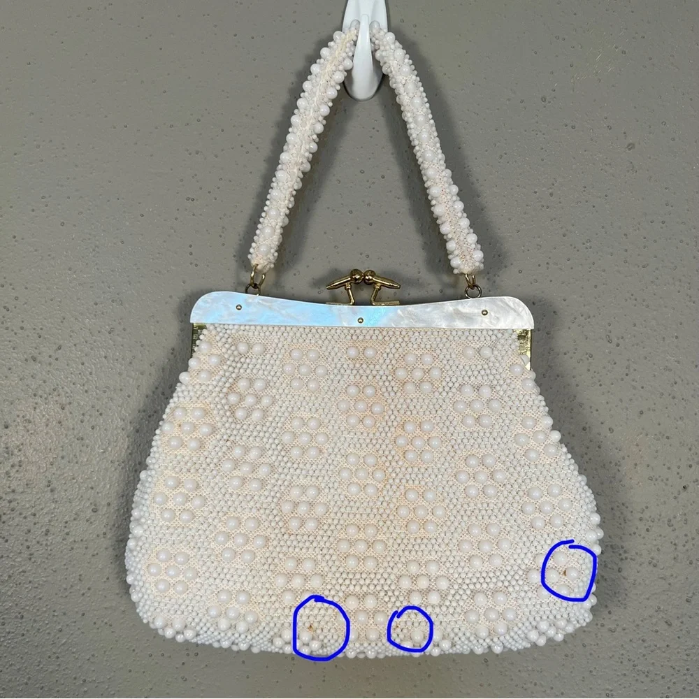 VTG 8x11 Beaded Purse White Gold John Wind Hong Kong Bakelite Pearl - Picture 9 of 10